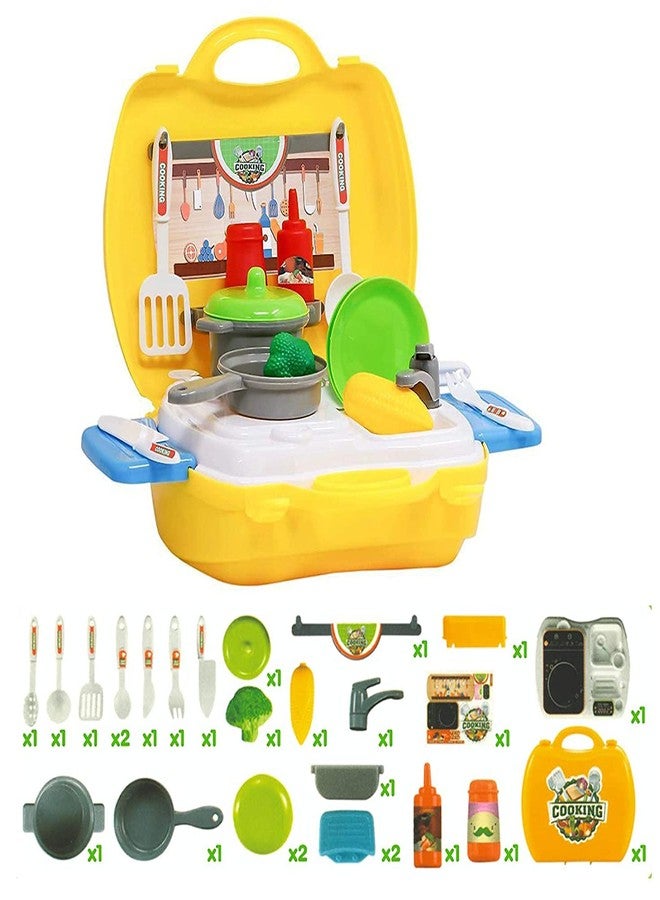 MANVI Kitchen Set for Kids Girl, Kitchen with Suitcase, Play Kitchen Set Pink Kids Kitchen Play Set Great Educational Toy Gifts for Girls (Yellow Kitchen Suitcase) - Image 2